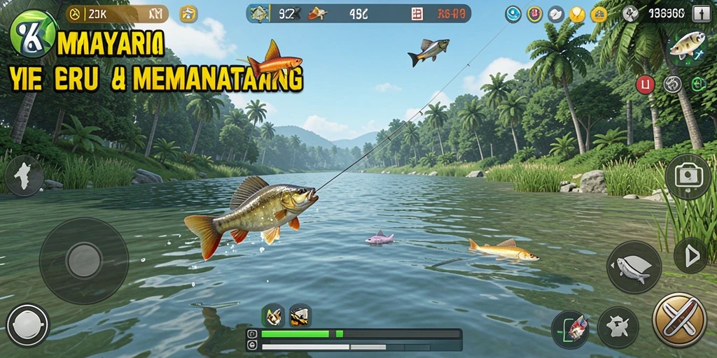 Screenshot gameplay 8ZK menampilkan pemancing menangkap ikan di alam yang indah.