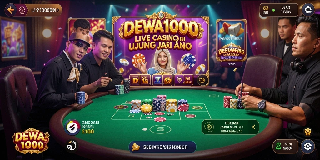 Screenshot gameplay DEWA1000 yang menampilkan dealer live dan tabel permainan.