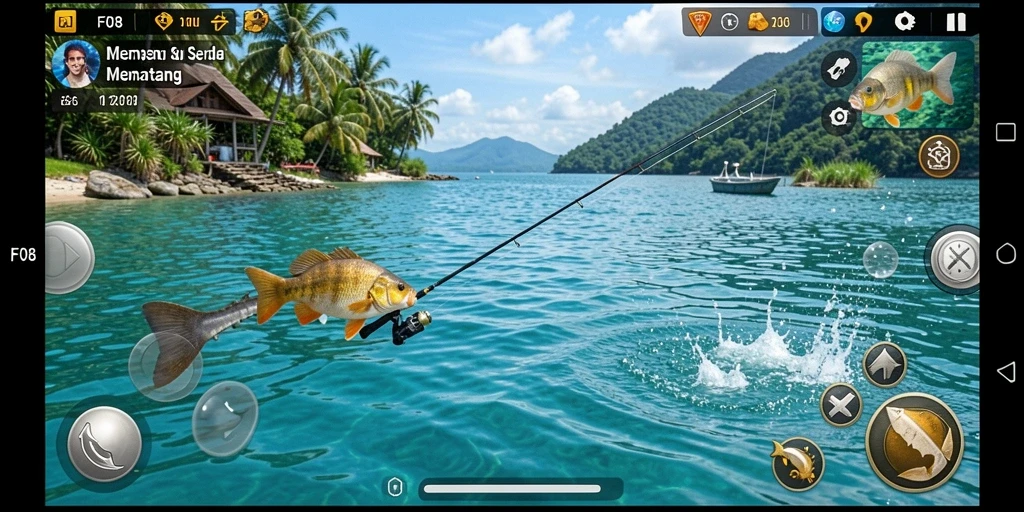 Screenshot gameplay F08 menunjukkan aksi memancing yang seru dan menarik.