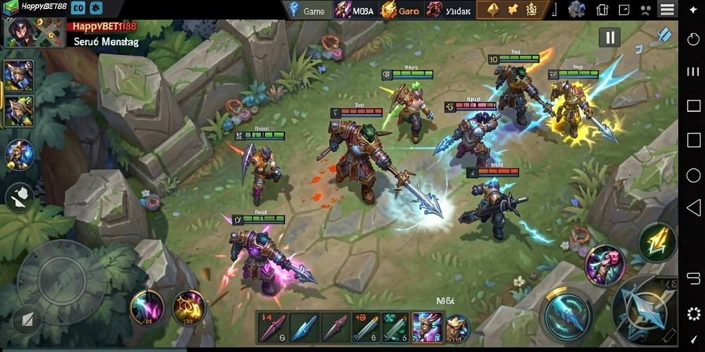Screenshot gameplay <strong>HAPPYBET188</strong> yang menampilkan pertempuran tim yang intens.