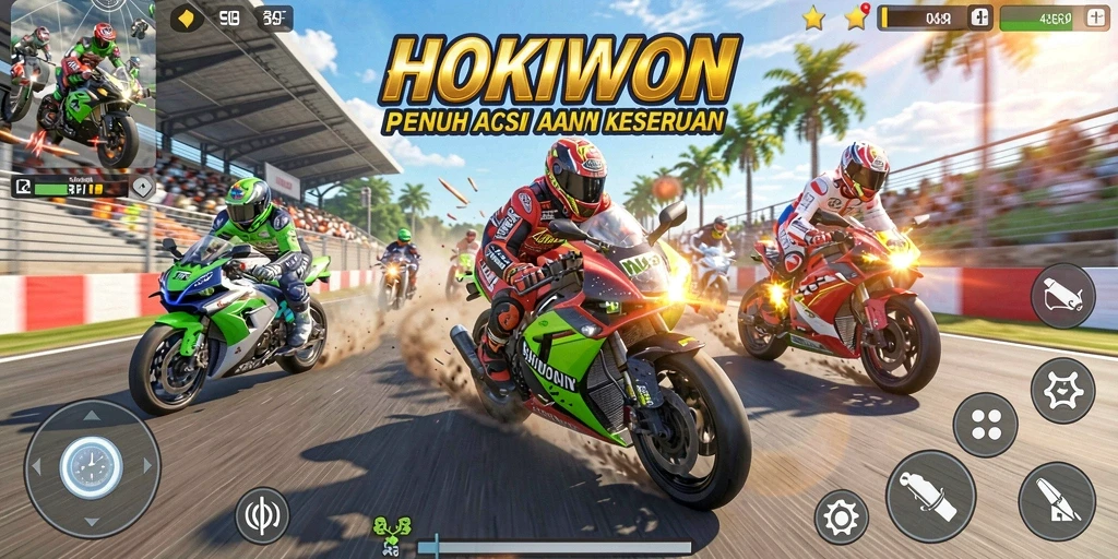 Tampilan gameplay HOKIWON dengan aksi balapan motor yang menegangkan.