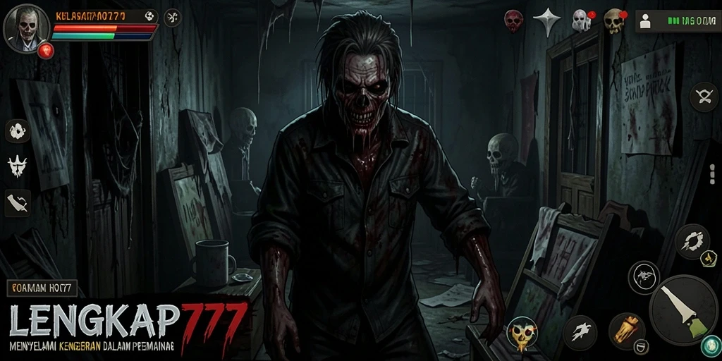 Screenshot gameplay LENGKAP777 menunjukkan suasana horor yang mencekam.