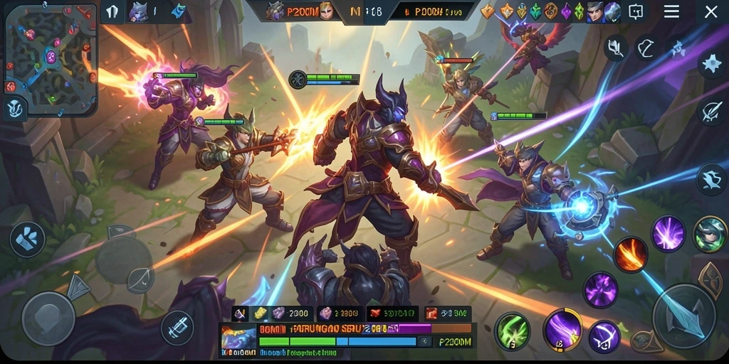 Tampilan gameplay seru P200M dalam pertempuran MOBA.