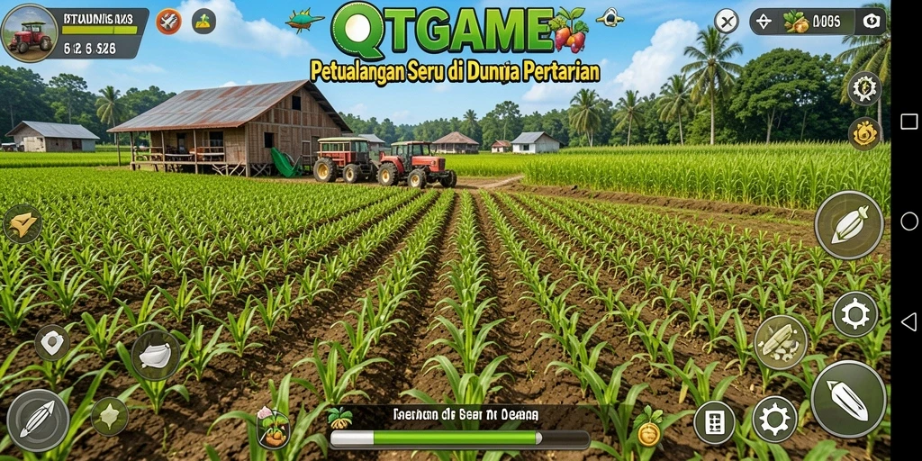 Tampilan gameplay QTGAME dengan ladang yang subur dan tanaman beragam.