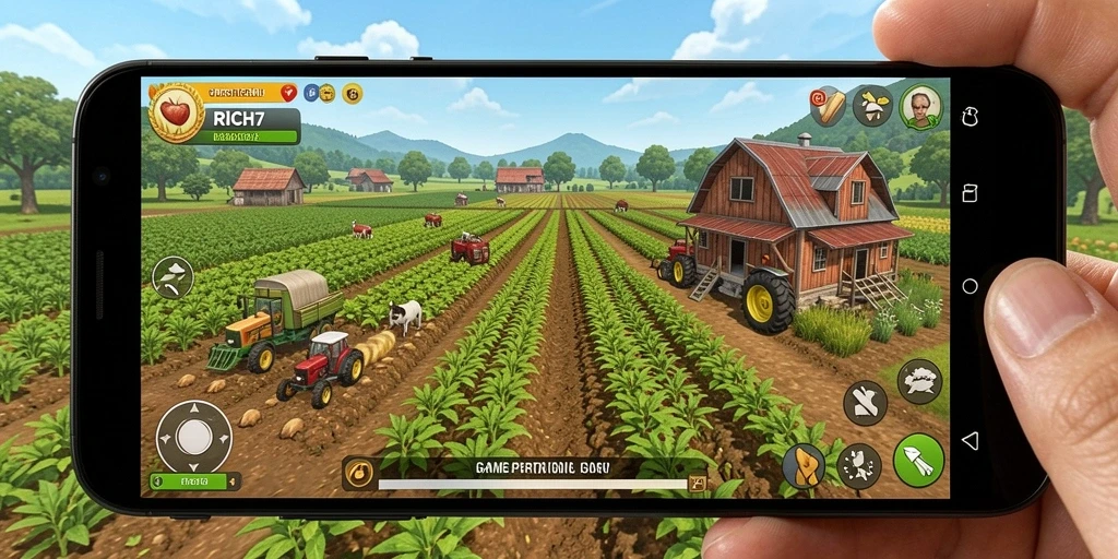 Gameplay RICH7 yang menawan dengan latar pertanian yang subur.